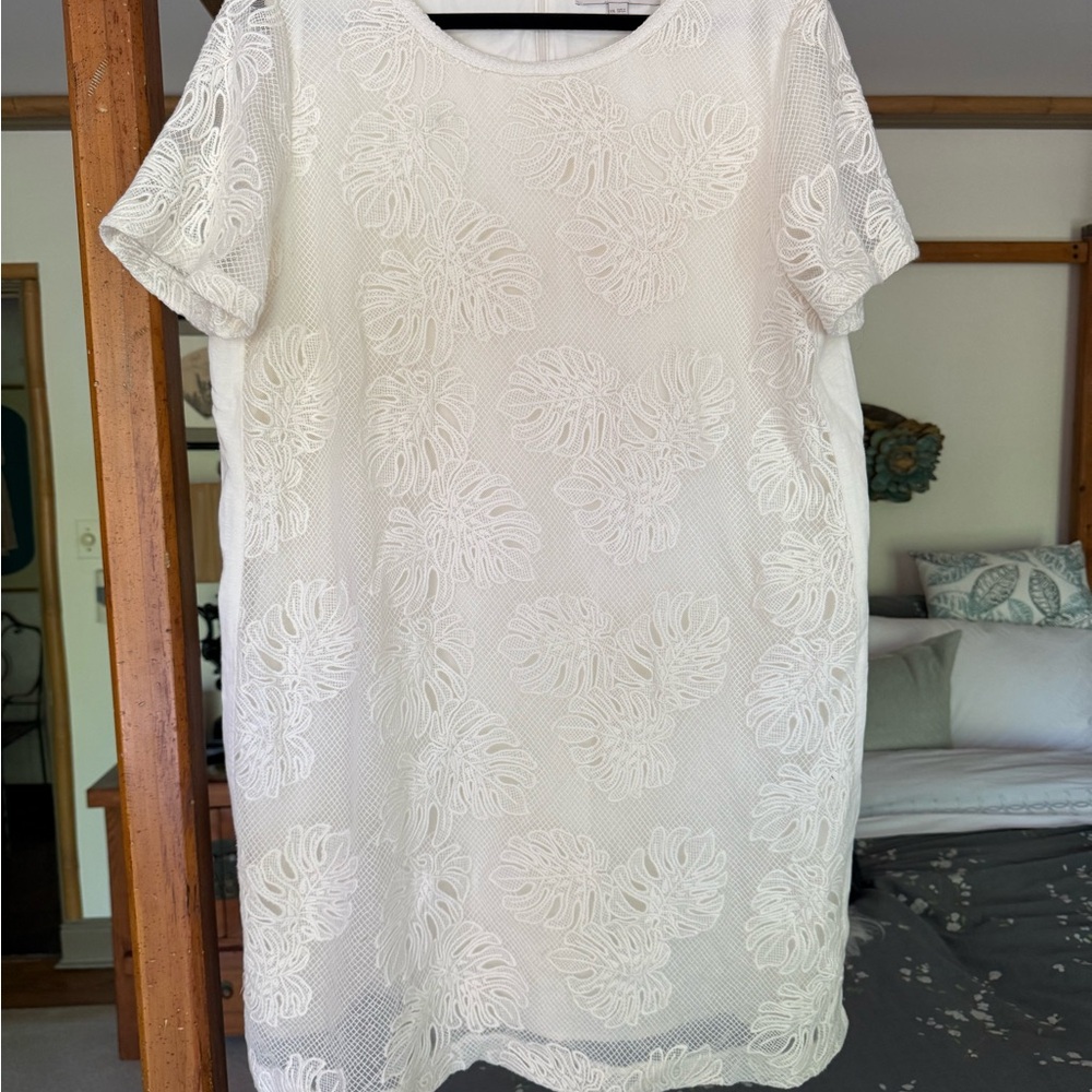 LOFT White Mini Dress with Leaf Pattern